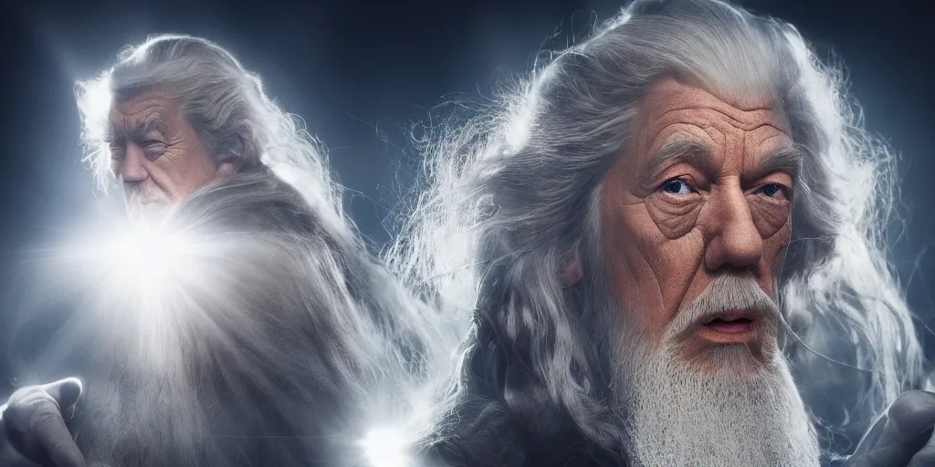 Image similar to a beautiful photo of gandalf with the face of donald trump, intricate detail, god rays, photography, volumetric light, cinematic, 8 k