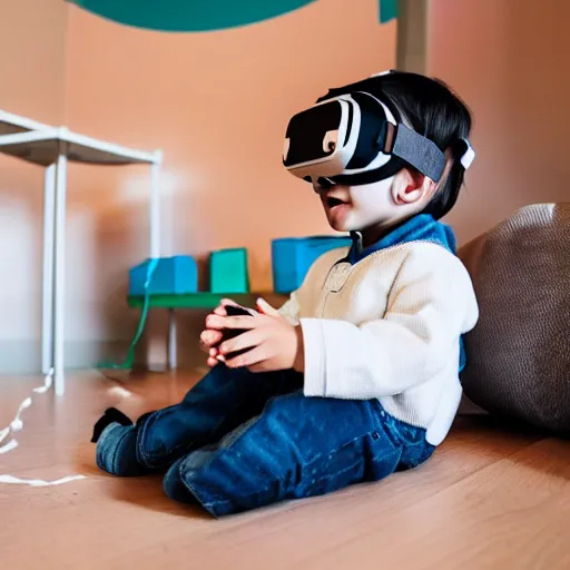 Image similar to A toddler wearing a straight jacket and a vr headset while sitting in a daycare setting, photography