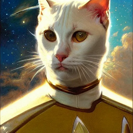 Prompt: a portrait of a man white cat feline star trek the next generation. highly detailed painting by gaston bussiere, craig mullins, j. c. leyendecker, furry