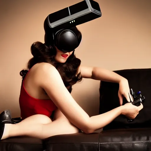 Image similar to a pin up woman playing a videogame, front view, dark lighting, couch, control, photo, gamer
