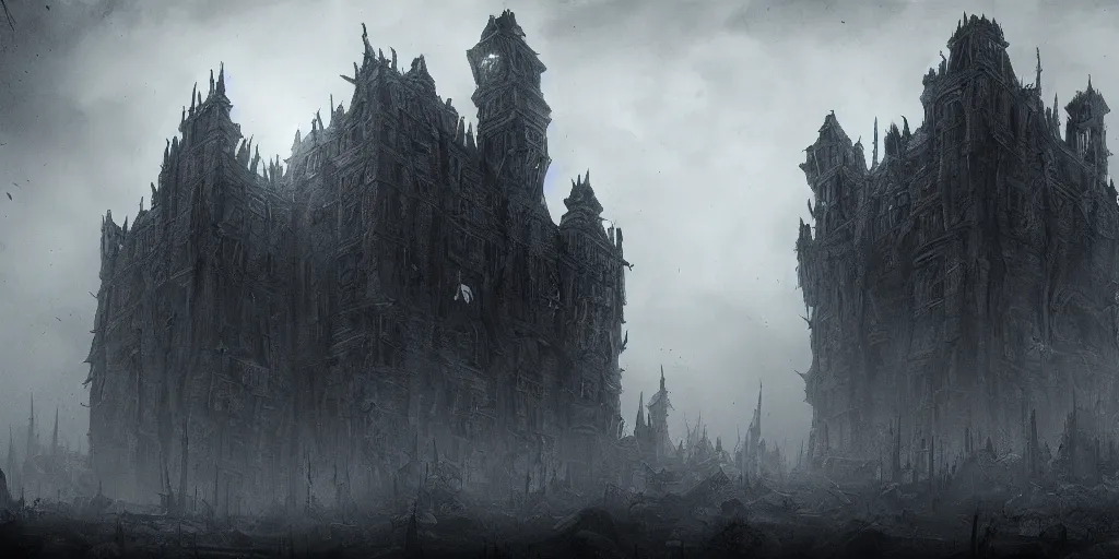 Prompt: grimdark fantasy fortress, ruined, terrifying architecture, looming, dark, fog, dark souls, artstation