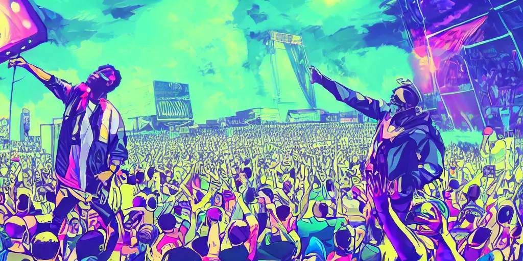 Image similar to rapper performing at huge festival holding microphone, epic angle, digital art, vaporwave, psychedelic, surreal, hip hop, trending on Artstation, professional artist, detailed, 4k