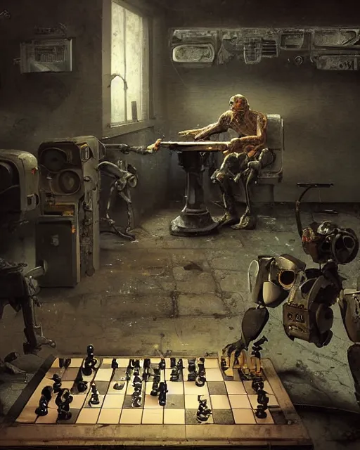 Image similar to a highly detailed epic cinematic concept art CG render digital painting artwork: A robot playing chess with a dead old man in a decayed gas station. volumetric lighting. By Greg Rutkowski, in the style of Francis Bacon and Syd Mead and Norman Rockwell and Beksinski, open ceiling, highly detailed, painted by Francis Bacon and Edward Hopper, painted by James Gilleard, surrealism, airbrush, Ilya Kuvshinov, WLOP, Stanley Artgerm, very coherent, triadic color scheme, art by Takato Yamamoto and James Jean