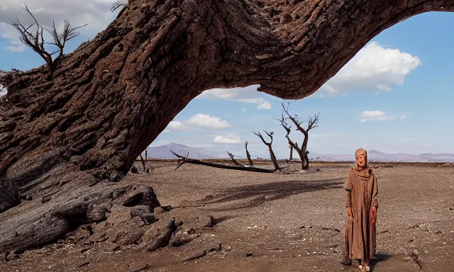 Image similar to medium shot of a nondescript crying ancient dried up Danu, peaceful, facing the camera and standing in front of a dried up river in a desolate land, dead trees, blue sky, hot and sunny with light rain but no clouds, highly-detailed, elegant, dramatic lighting, artstation, 4k, cinematic landscape, photograph by Elisabeth Gadd