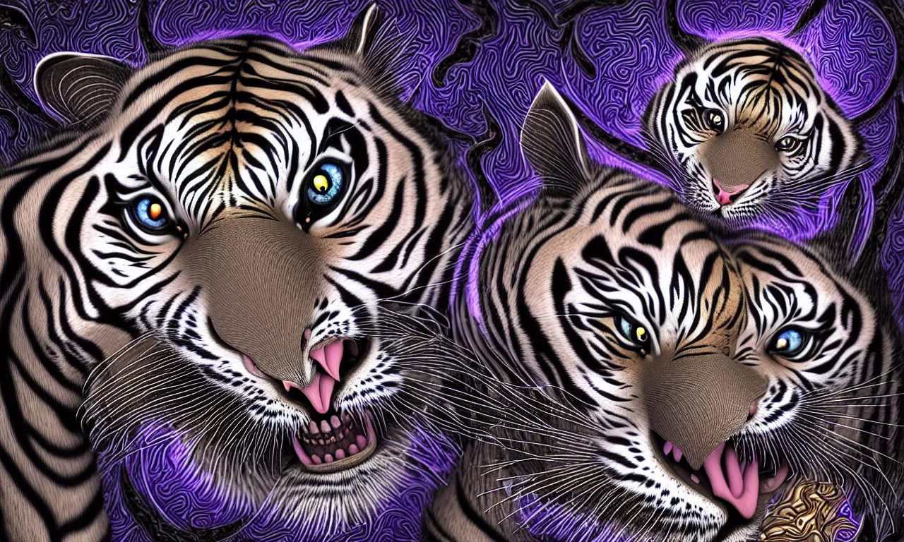 Image similar to a wonderful digital art of a magical tiger, elemental cat, sequential feline, interdimensional galactic fractal mathematics just for practice in the style of junji ito and escher, psytrance and giger, artstationhq, magic realism, 8 k, ornate, detailed