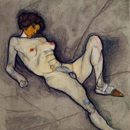 Image similar to pencil, ink and colour wash life drawing of reclining female, in the style of egon schiele