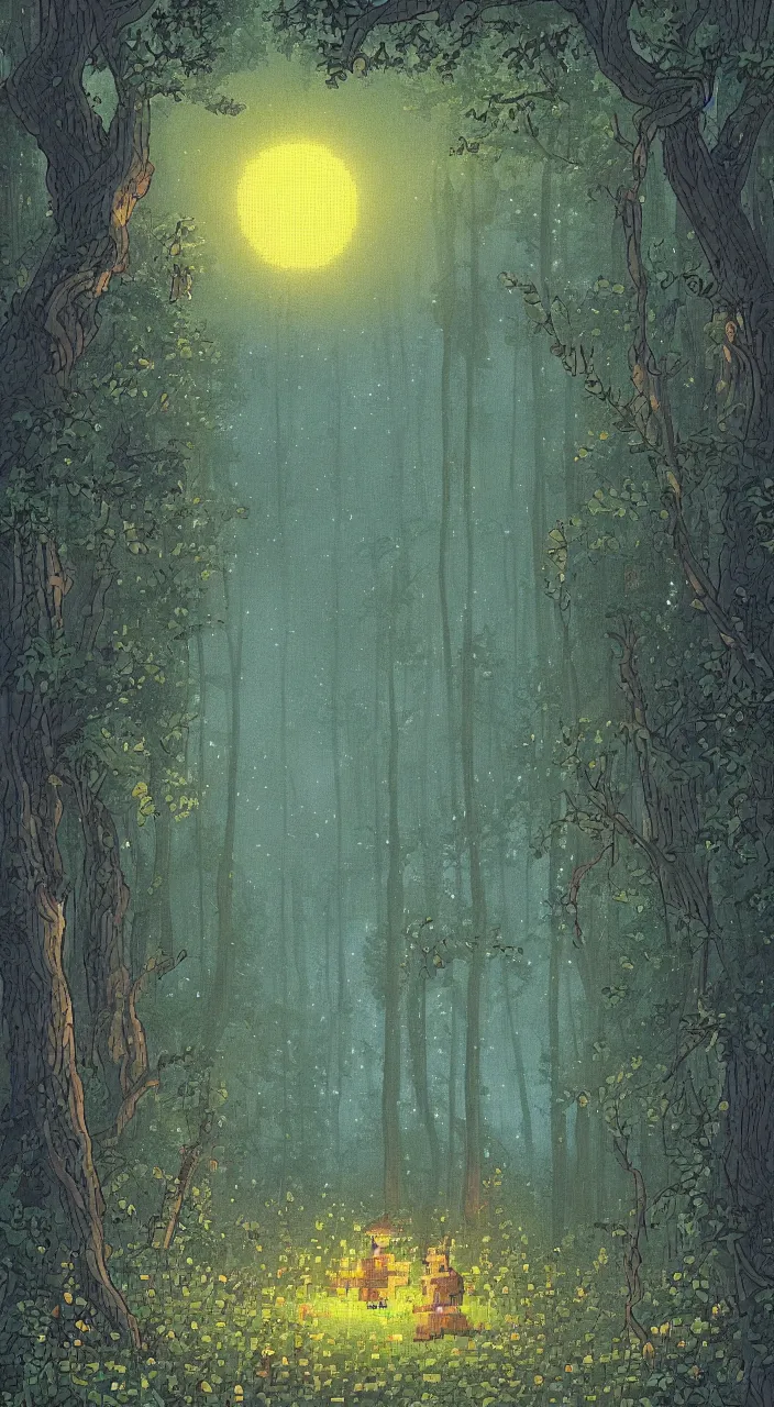 Prompt: dreamy night in the forest pixelart style, illustration, highly detailed