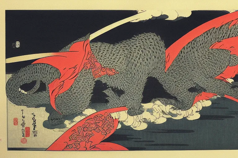 Image similar to cat attacking Tokyo, print by Hokusai, masterpiece, masterwork, artstation