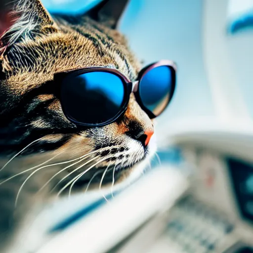 Prompt: photo of a cat wearing sunglasses piloting a plane, side shot, depth of field, highly detailed photo, Canon EOS 1300D, airplane cockpit