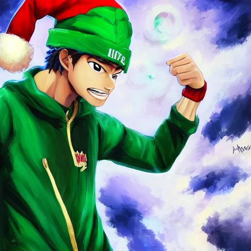 Image similar to an oil painting of a izuku midoriya wearing a hip - hop rap christmas hat, by artgerm, hd, hdr, ue 5, ue 6, unreal engine 5, realistic anime 3 d style, cinematic 4 k wallpaper, 8 k, ultra detailed, gta cover art, high resolution, artstation, award winning