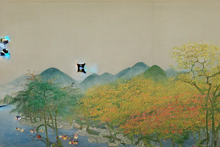 Image similar to an ultradetailed landscape painting of westlake in china hangzhou, light yellow may flowers blossoms nearby, autumn wind, chinese water color, smooth, sharp focus, illustration, by hilma af klint, 8 k