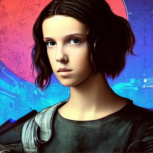 Prompt: Cyberpunk Millie Bobby Brown by Leonardo Da Vinci