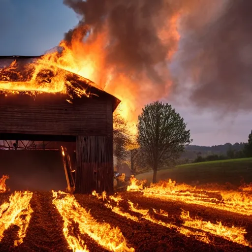 Image similar to a large Barn on fire in the stlye of 8k award winning photo