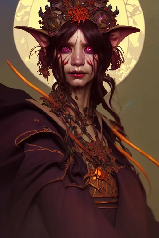 Image similar to beautiful goblin warlock, highly detailed, digital painting, artstation, sharp focus, illustration, art by tan zi and ayanamikodon and alphonse mucha and wlop