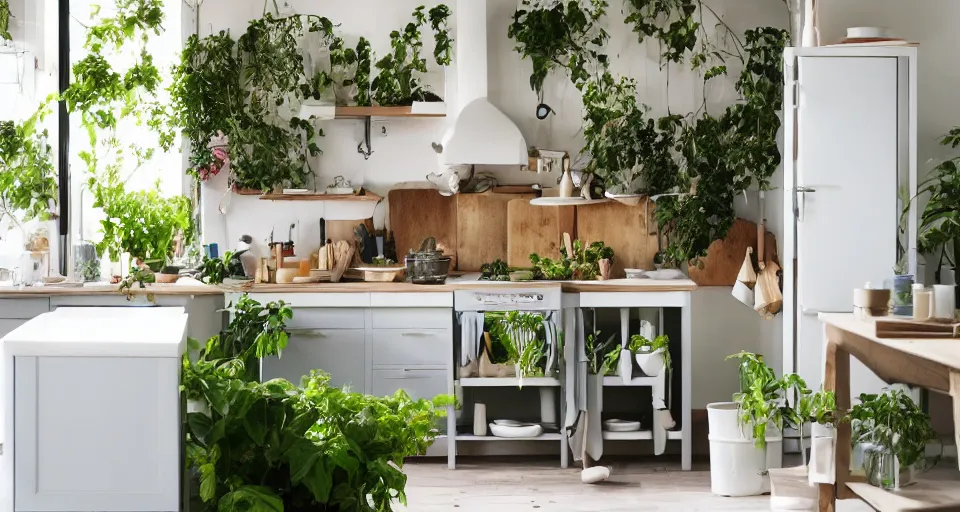 Image similar to IKEA catalogue photo, high end farm house style kitchen, sand piled in corners, dust, organic, vines, overgrown, tropical, by Dali