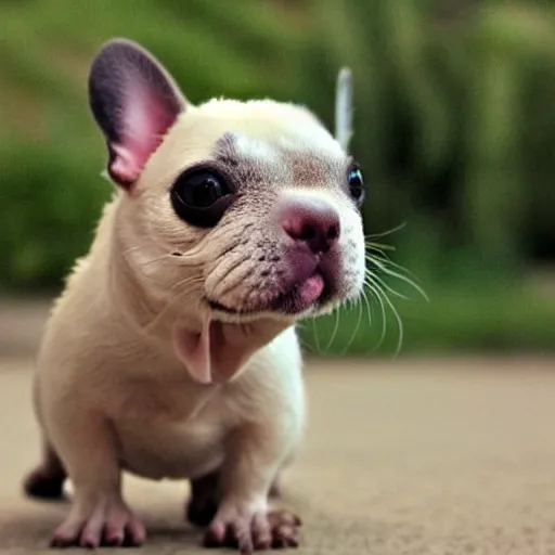 Prompt: “French bulldog ferret hybrid, at golden hour”