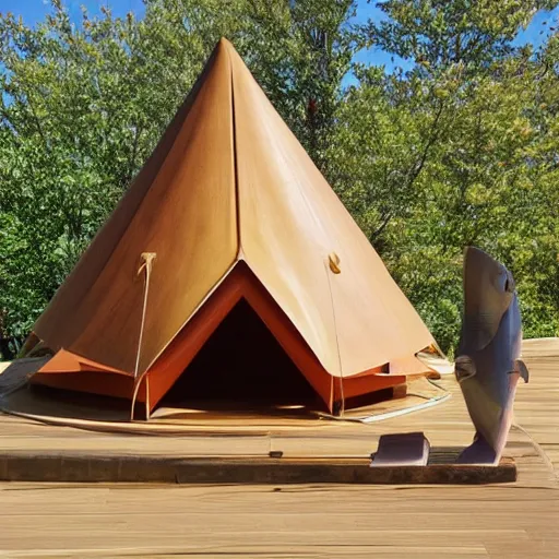 Image similar to wooden sculpture of a tent and a huge salmon, polished maple, thoughtful, elegant, real