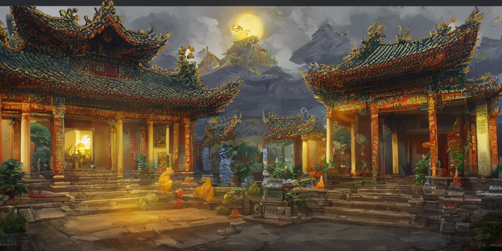 Prompt: vietnamese temple scene, 2 d game art background, sharp, detailed, intricate, game level design, cinematic lighting, trending on artstation, in style of vinodh sivaraja and lam manh