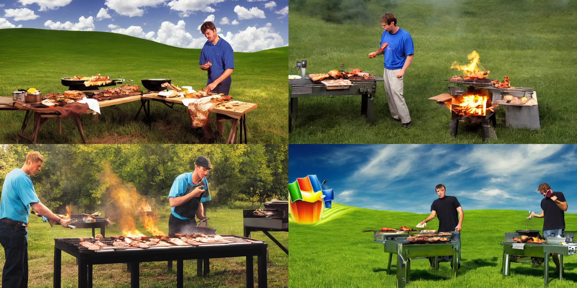 Prompt: some guy barbecuing on the Windows XP wallpaper