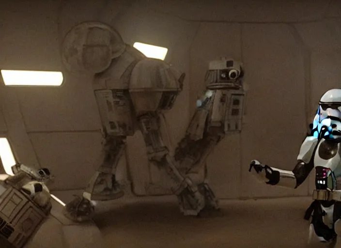 Prompt: screenshot from the iconic scene from the lost Star Wars film directed by Martin Scorsese, where Robert De niro meets with his droid buddy DATAROBOT-7BO. cinematic lighting, unsettling set design with extreme detail, moody cinematography, with anamorphic lenses, crisp, detailed, 4k image,