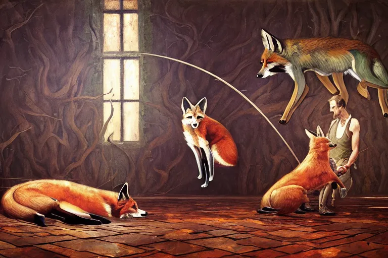 Image similar to ( ( a beautiful masterpiece painting ) a english fox hunter and a monster in a hunting lodge ( by ( barloe ) and ( anato finnstark ) and ( greg rutkowski ) and ( ) and i ( francis picabia ) ) ( camouflage ) ( hyperrealism ) ( trending on artstation )