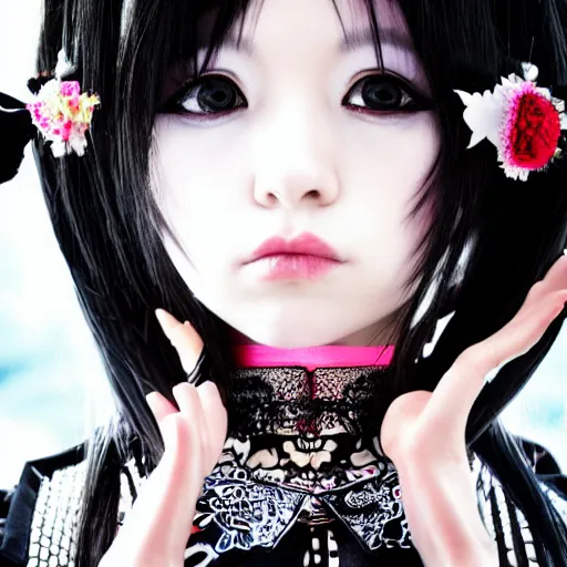 Image similar to Japanese goth girl, beautiful, stunning, high detail, cinematic, harajuku,