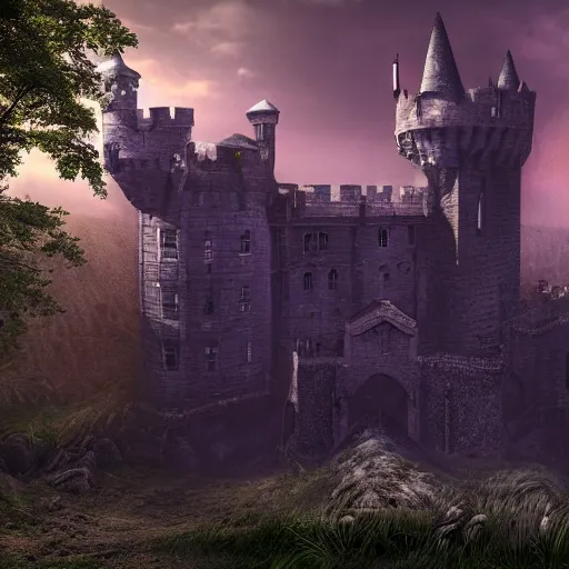 Prompt: abandoned castle, ultra realistic, 8 k, purple fog, dark, ultra detailed, highly detailed, fantastically detailed, illustration, night time, cinematic