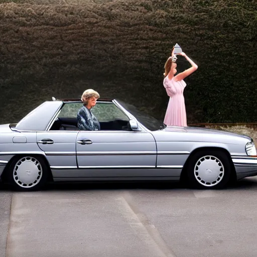 Image similar to princess Diana taking selfie next to silver Mercedes-Benz W140, photograph, image, 4k HDR, trending on artstation,
