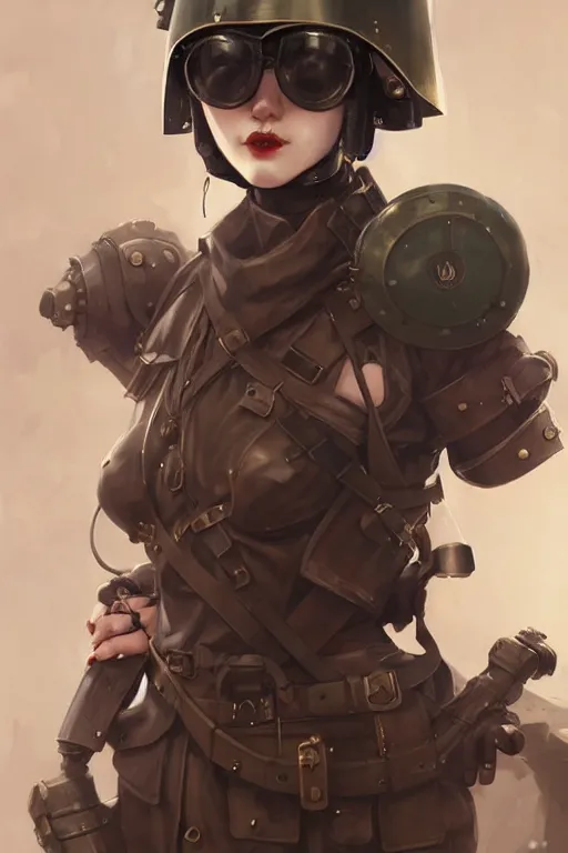 Image similar to dieselpunk soldier girl, helmet, shoulders, chest, portrait, armored, highly detailed, sharp focus, art, illustrations by wlop and ayanamikodon and irakli nadar and loish and rossdraws