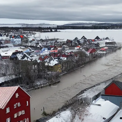 Image similar to tsunami hits trondheim, real historical event caught on camera, dramatic, hdr, hdd, clear image,