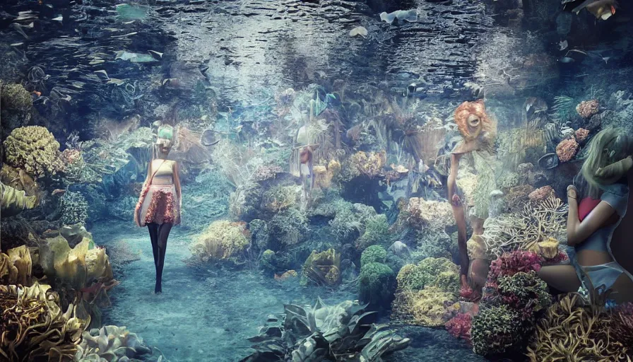 Prompt: A fashion Catwalk in an underwater glass tunnel, Fashion Photography, Concept Art, Octane, Redshift, High Detail