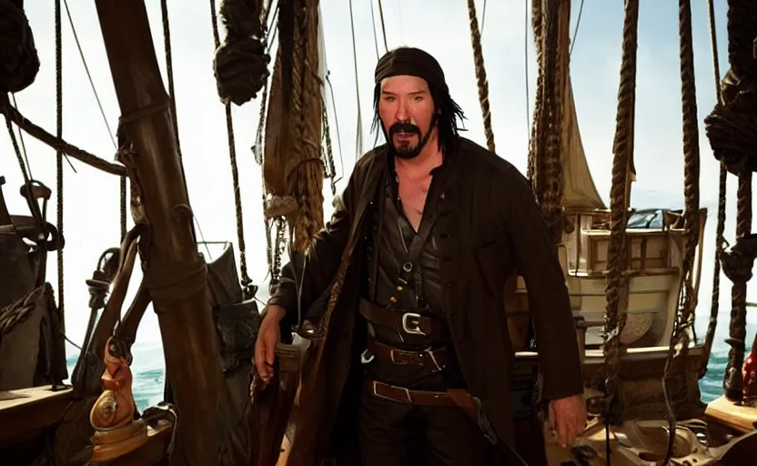 Prompt: Keanu reeves in a role of Sea of thieves Pirate, film still