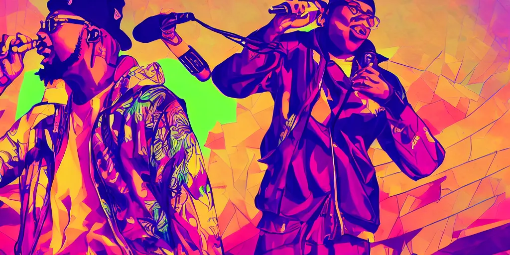 Image similar to rapper performing at huge festival holding microphone, epic pose, digital art, vaporwave, psychedelic, surreal, hip hop, trending on Artstation, professional artist, detailed, 4k