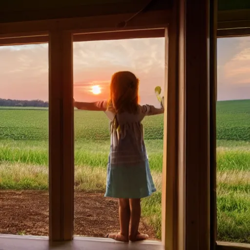 Prompt: a girl looking out of her small front porch seeing a large field in the countryside, photorealistic, cozy, sunrise