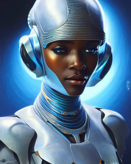 Image similar to Portrait of very very very very very very beautiful african woman, spacesuit, futuristic cybernetic helmet, blue eyes, real life skin, intricate, elegant, highly detailed, artstation, concept art, smooth, sharp focus, art by artgerm and greg rutkowski and alphonse mucha