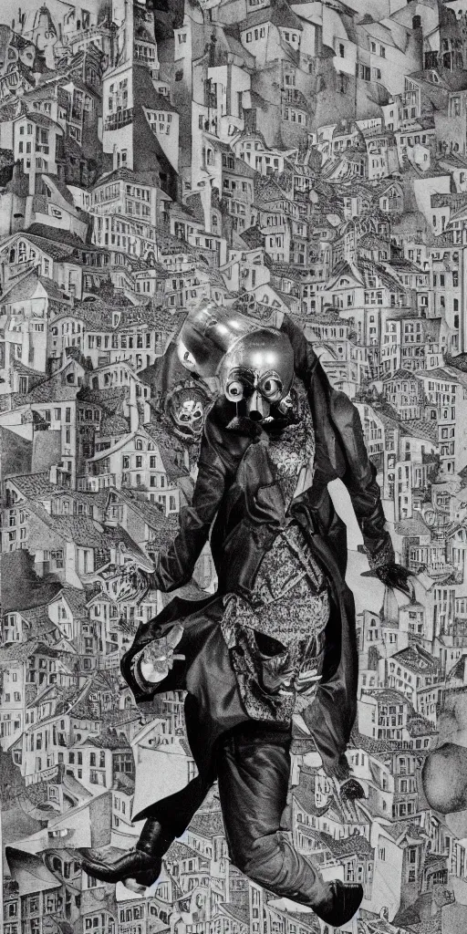 Image similar to faceless man flies through an MC Escher city, wearing a comedy mask in elizabethan boots and ruff, dramatic theater lighting