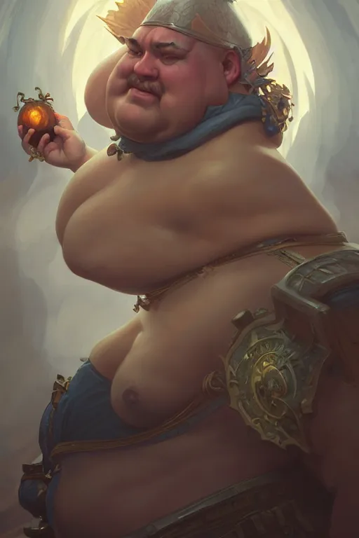 Image similar to photography of fat man, deep focus, d & d, fantasy, intricate, elegant, highly detailed, digital painting, artstation, concept art, matte, sharp focus, illustration, hearthstone, art by artgerm and greg rutkowski and alphonse mucha