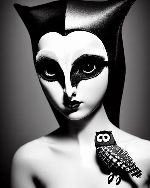 Prompt: surreal mythical dreamy dark artistic black and white fine art 3 / 4 fashion portrait photo of a young beautiful delicate female robot - owl with orchid - doll face, rim light, cinematic, studio dramatic light, poetic, masterpiece, octane render, 8 k, photo - realistic by gustave dore hg giger and man ray