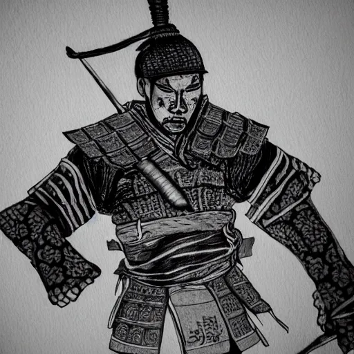 Image similar to intricate, realistic ink drawing of a samurai in a splash of ink, 8 k