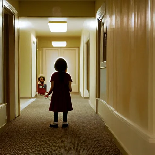 Image similar to two little girls staring at you from the hotel hallway, from the movie the shining