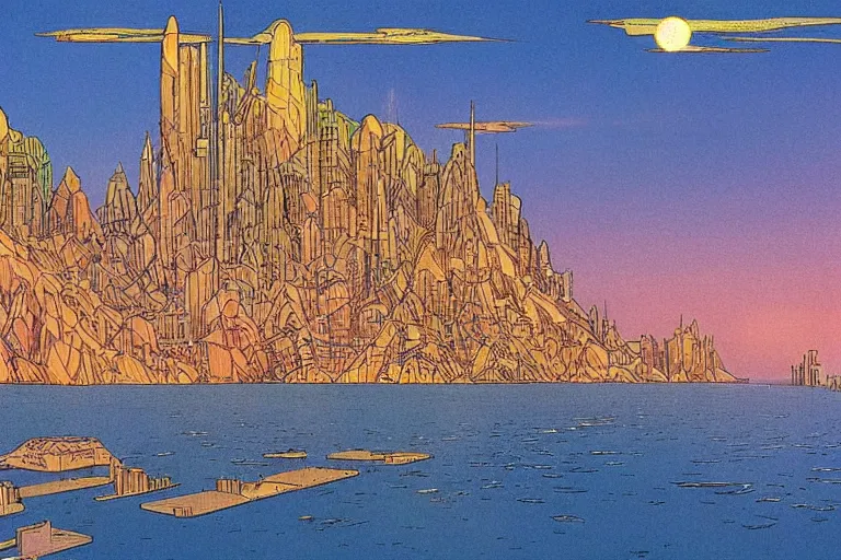 Prompt: a metropolis built on a island floating above the sea in the sky, waterfalls fall from the island into the sea, by moebius, colorful, highly - detailed, concept art