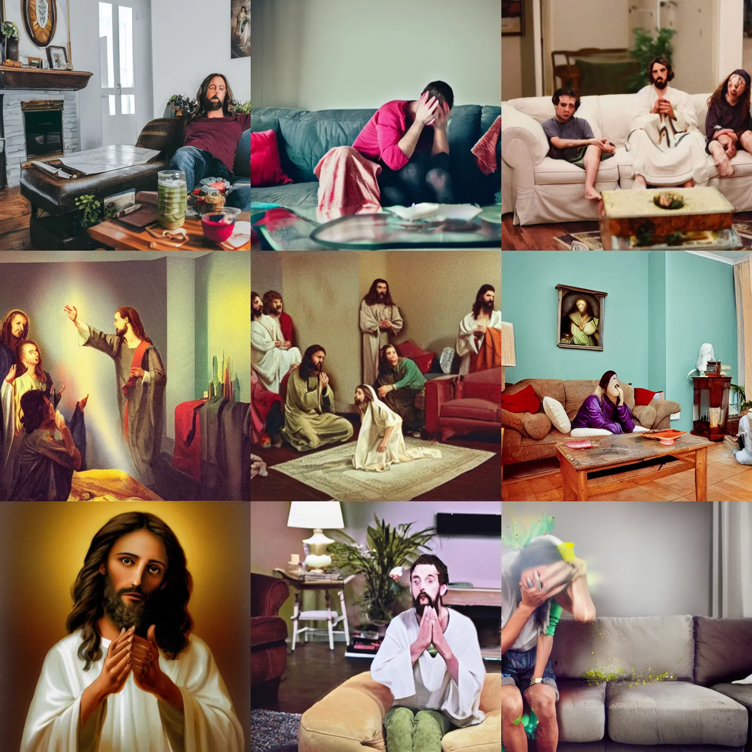 Prompt: Jesus vomiting in a living room. Photograph.