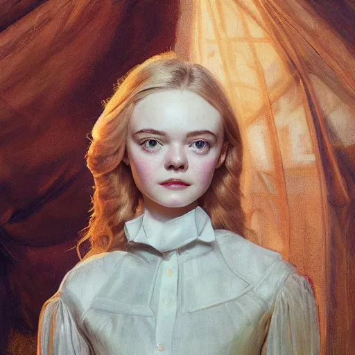 Prompt: Elle Fanning as an Android, head and shoulders, oil on canvas, golden hour, in the world of Andrew Wyeth, artstation, by J. C. Leyendecker and Peter Paul Rubens,