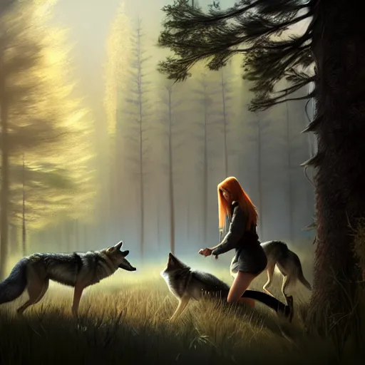 Prompt: a pretty girl petting a pack of wolves, in the woods, digital painting, photorealistic, in the style of greg rutkowski, full body, detailed face, unreal engine, 4 k