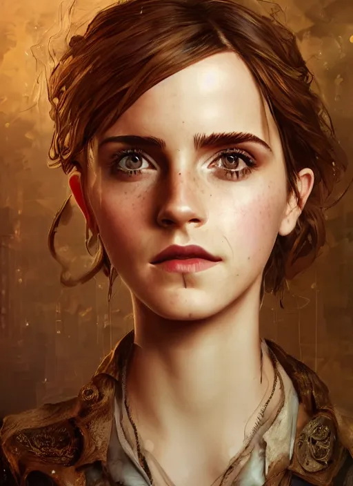 Image similar to steampunk portrait of emma watson, au naturel, hyper detailed, digital art, trending in artstation, cinematic lighting, studio quality, smooth render, unreal engine 5 rendered, octane rendered, art style by klimt and nixeu and ian sprigger and wlop and krenz cushart.