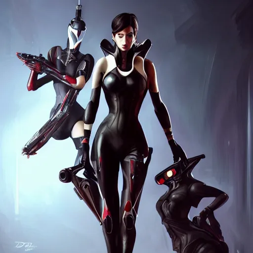 Image similar to A combination of Ada Wong's and Grace Kelly's and Ashley Greene's appearances wearing Warframe armor, high tech, action shot, angular, full body portrait, futuristic, dramatic, fantasy, intricate, elegant, highly detailed, digital painting, artstation, concept art, matte, sharp focus, illustration, 8K, art by Donato Giancola and James Gurney