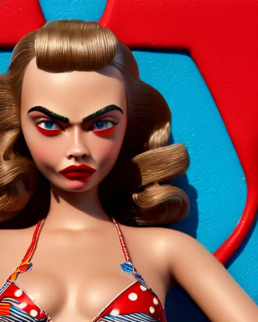 Image similar to highly detailed closeup, face profile portrait of a tin toy retro 1 9 5 0 s cara delevingne, bikini, unreal engine, max fleischer, global illumination, detailed and intricate environment