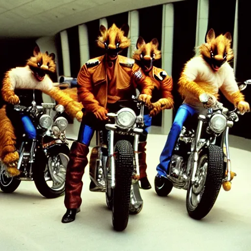 Image similar to uhd photorealisitc candid photo of the biker mice from mars, at the un, smashing. photo by annie leibowitz and steve mccurry