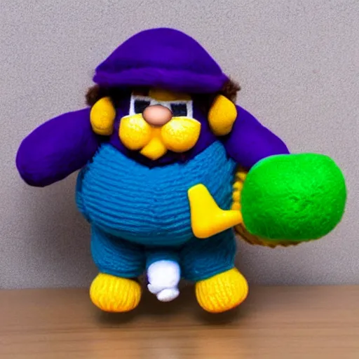 Image similar to a yarn plush doll of wario riding a yoshi