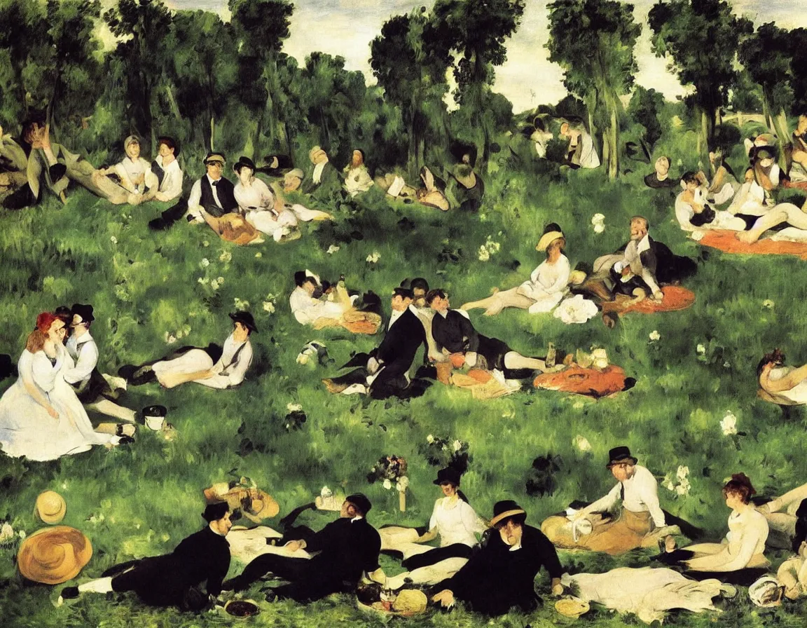 Prompt: le dejeuner sur l'herbe, manet. very close up detailed depiction of people picknick on a blanket on a meadow in berlin. woman and men. beer, music, dancing. one woman with three men. a very nice an afternoon with sun. little river in background. dark forest. expressionistic. masterpiece painting. classic.